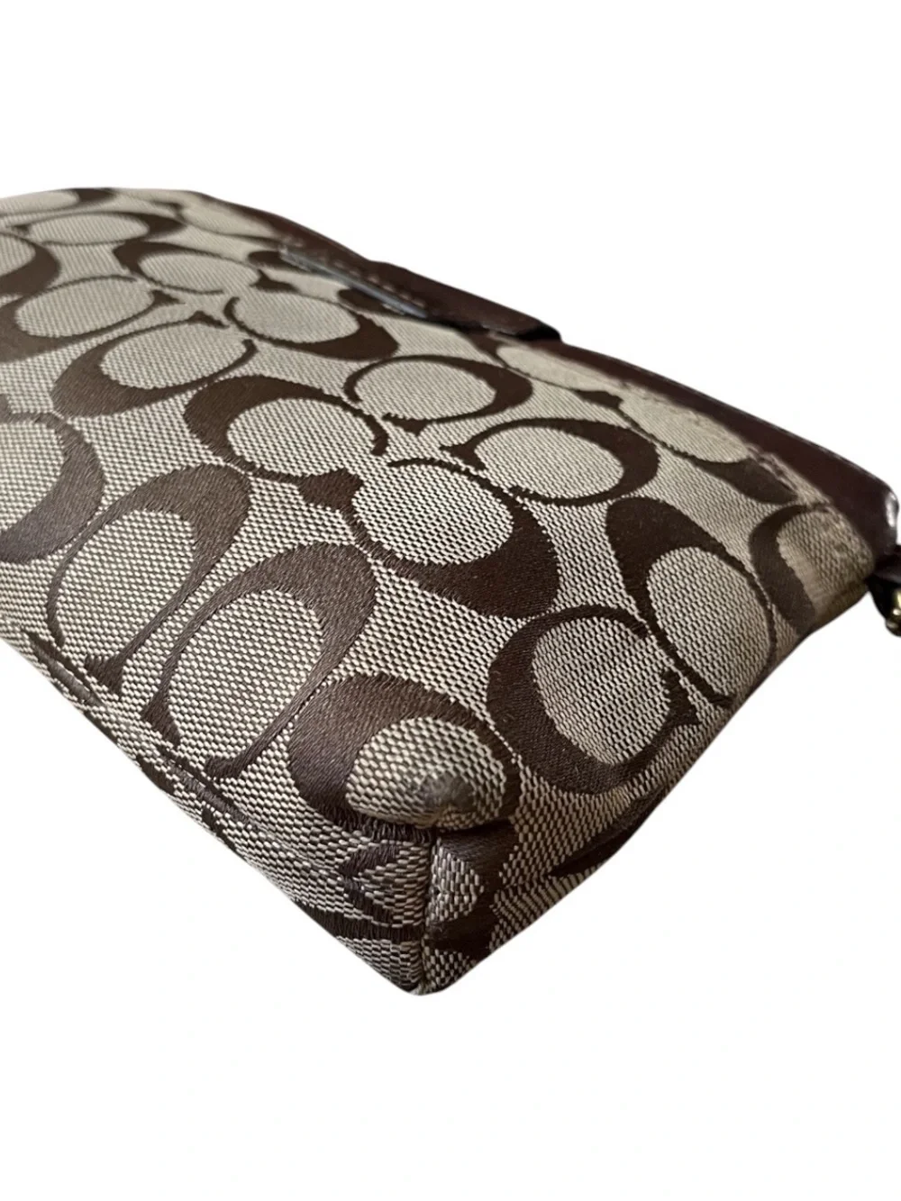 Vintage Coach Signature Brown/Tan Canvas and Leather Turnlock Pouchette Wristlet